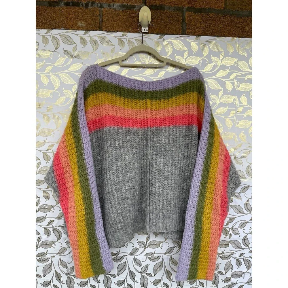Free People Alpaca Blend Rainbow Stripe Oversized Sweater L  Soft Girl Aesthetic